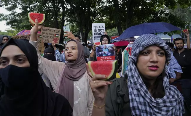 Demonstrators participate in a pro-Palistinian protest in Bengaluru, India, Saturday, Oct. 5, 2024. (AP Photo/Aijaz Rahi)