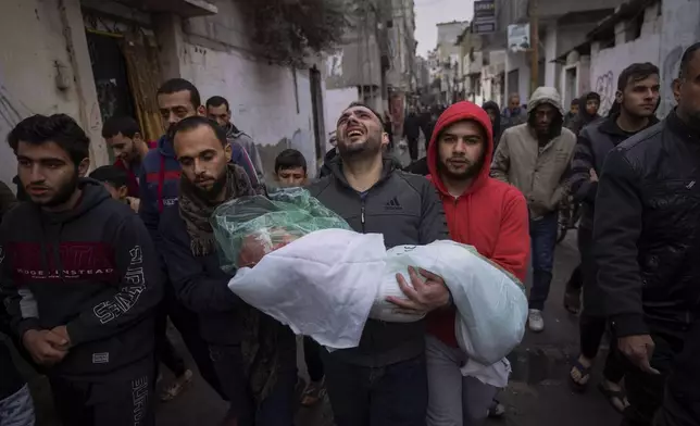 Mohammad Shouman carries the body of his daughter, Masa, who was killed in an Israeli bombardment of the Gaza Strip, during her funeral in Rafah, southern Gaza, Wednesday, Jan. 17, 2024. (AP Photo/Fatima Shbair)