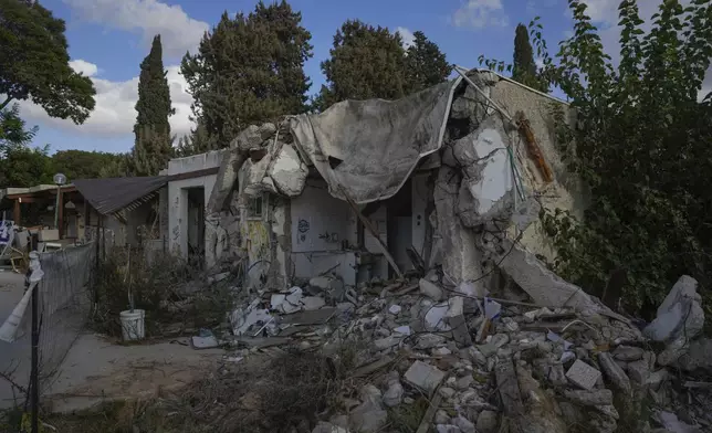 House in the part of Kibbutz Kfar Aza where young people used to live is destroyed in the southern border community, Monday, Sept. 16, 2024. (AP Photo/Ohad Zwigenberg)