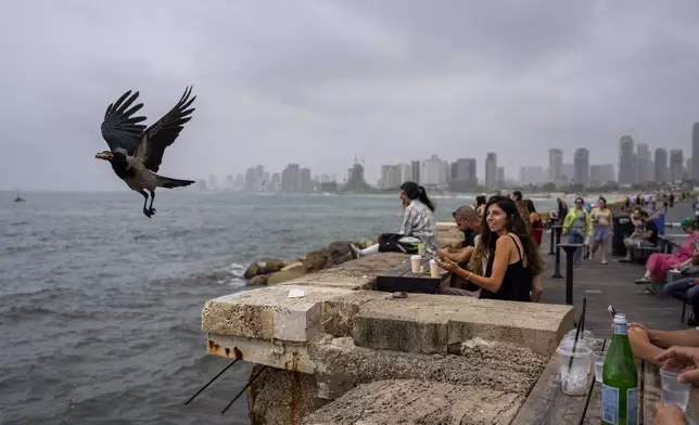 FILE - People sit in a bar overlooking the Mediterranean Sea at the old port of Jaffa, a mixed Jewish-Arab part of Tel Aviv, Israel, on April 26, 2024. (AP Photo/Oded Balilty, File)