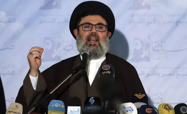 FILE - Senior Hezbollah leader Hashem Safieddine speaks during a news conference in the southern Beirut suburb of Dahiyeh, Lebanon, on Jan. 12, 2022. (AP Photo/Bilal Hussein, File)