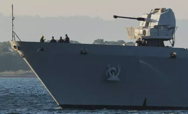 The Italian navy ship Libra arrives at the port of Shengjin northwestern Albania Wednesday, Oct. 16, 2024, carrying the first group of migrants who were intercepted in international waters. (AP Photo/Vlasov Sulaj)