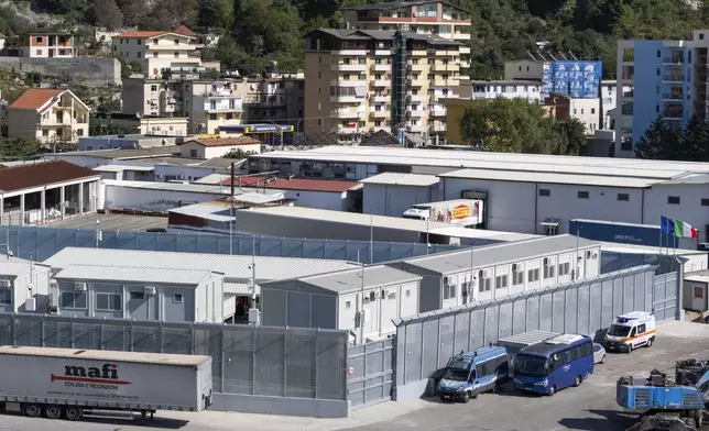 A view of a migrant processing center at the port of Shengjin, northwestern Albania Wednesday, Oct. 16, 2024, as the first group of migrants who were intercepted in international waters arrived Wednesday. (AP Photo/Vlasov Sulaj)