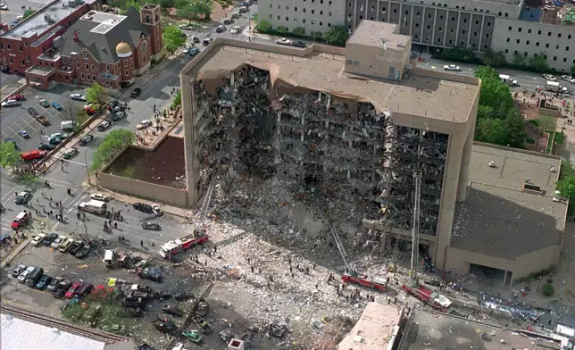 FILE - The north side of the Alfred P. Murrah Federal Building in Oklahoma City is seen April 19, 1995, after an explosion that killed 168 people and injured hundreds. (AP Photo/File)