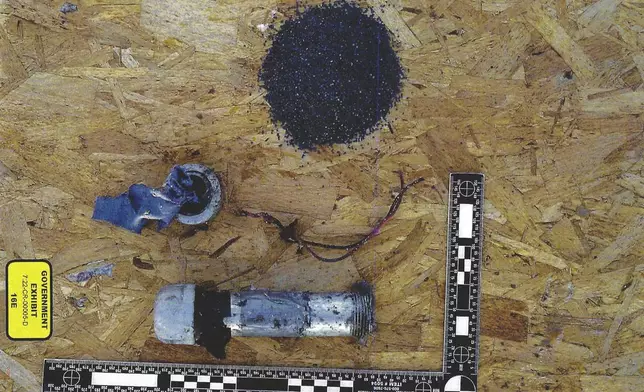 This image used as evidence shows parts of an improvised bomb which federal prosecutors say was found at Chris Arthur's home in Mount Olive, N.C. (U.S. District Court for the Eastern District of North Carolina via AP)