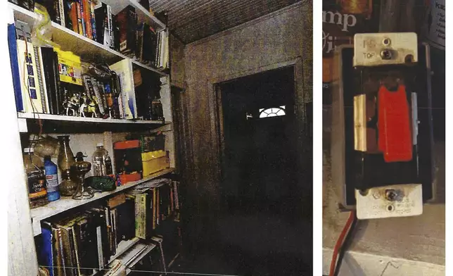 This combination of images used as evidence shows a bookcase, left, in Chris Arthur's home which federal prosecutors say housed a trigger, right, for a front porch bomb in Mount Olive, N.C. (U.S. District Court for the Eastern District of North Carolina via AP)