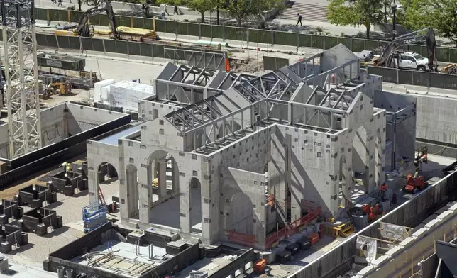 A view of the ongoing Temple Square renovation project, showing one of the north pavilions, is seen on June 4, 2024, in Salt Lake City. (AP Photo/Rick Bowmer)