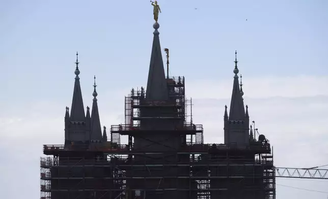 A view of the ongoing Temple Square renovation project, showing the Salt Lake Temple enveloped in scaffolding, is seen on June 17, 2024, in Salt Lake City. (AP Photo/Rick Bowmer)