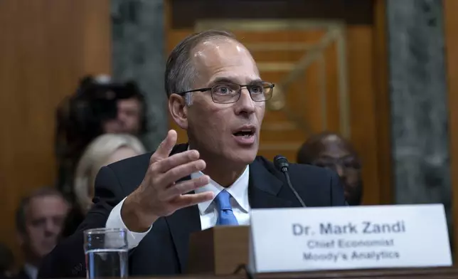 FILE Mark Zandi, chief economist of Moody's Analytics, testifies before the Senate Budget Committee at the Capitol in Washington, on May 4, 2023. (AP Photo/J. Scott Applewhite)