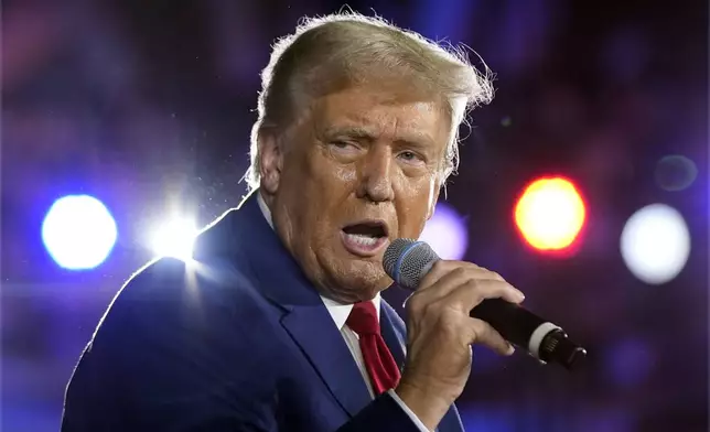 FILE - Republican presidential nominee former President Donald Trump speaks at a town hall campaign event at Macomb Community College, on Sept. 27, 2024, in Warren, Mich. (AP Photo/Alex Brandon, File)