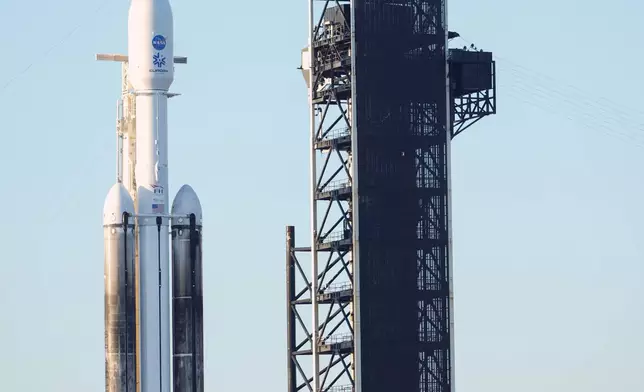 A SpaceX Falcon Heavy rocket with a NASA spacecraft bound for Jupiter stands ready for launch today on pad 39A at the Kennedy Space Center Monday, Oct. 14, 2024 in Cape Canaveral, Fla. (AP Photo/John Raoux)