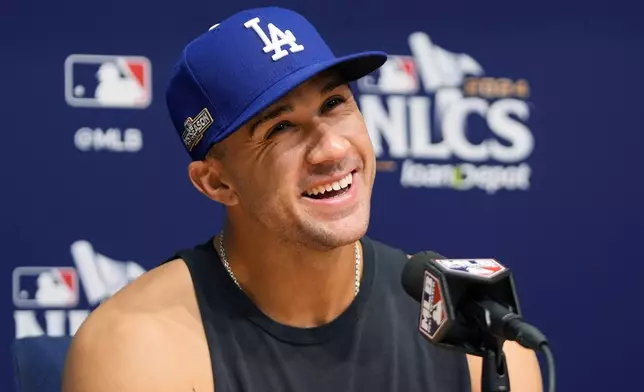 Los Angeles Dodgers starting pitcher Jack Flaherty speaks during a news conference ahead of Game 1 of a baseball NL Championship Series against the New York Mets, Saturday, Oct. 12, 2024, in Los Angeles. (AP Photo/Mark J. Terrill)