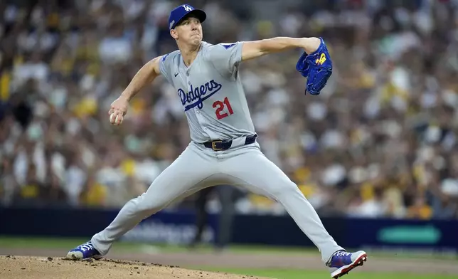 Los Angeles Dodgers pitcher Walker Buehler throws to a San Diego Padres batter during the first inning in Game 3 of a baseball NL Division Series Tuesday, Oct. 8, 2024, in San Diego. (AP Photo/Gregory Bull)