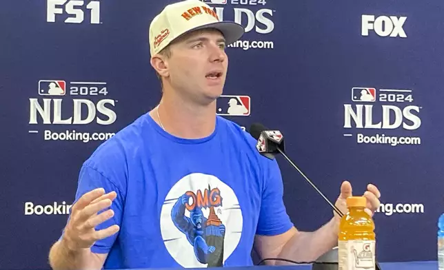 New York Mets' Pete Alonso speaks during a news conference before National League Division Series Game 4 at Citi Field in New York on Wednesday, Oct. 9, 2024. (AP Photo/Ron Blum)