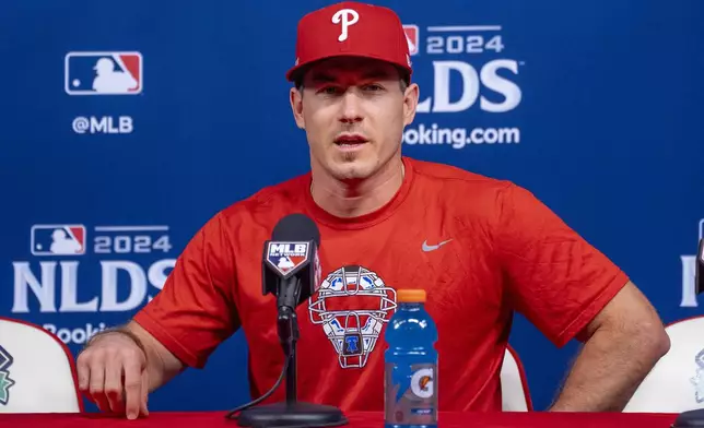 Philadelphia Phillies' J.T. Realmuto speaks during a baseball news conference in Philadelphia, Friday, Oct. 4, 2024, ahead of the National League Division Series. (AP Photo/Chris Szagola)