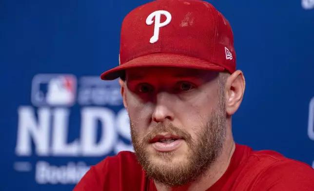 Philadelphia Phillies starting pitcher Zack Wheeler speaks during a baseball news conference in Philadelphia, Friday, Oct. 4, 2024, ahead of the National League Division Series. (AP Photo/Chris Szagola)