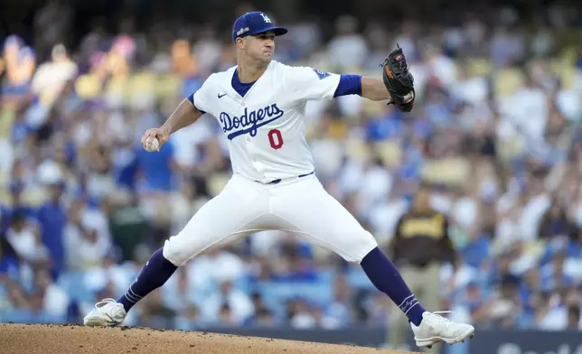 Los Angeles Dodgers pitcher Jack Flaherty throws to a San Diego Padres batter during the first inning in Game 2 of a baseball NL Division Series Sunday, Oct. 6, 2024, in Los Angeles. (AP Photo/Ashley Landis)