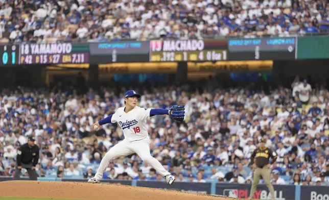 Los Angeles Dodgers pitcher Yoshinobu Yamamoto throws to a San Diego Padres batter during the fourth inning in Game 5 of a baseball NL Division Series Friday, Oct. 11, 2024, in Los Angeles. (AP Photo/Ashley Landis)