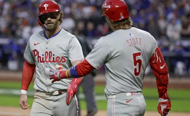 Philadelphia Phillies' Bryce Harper is congratulated by Bryson Stott (5) after scoring on an error by New York Mets third baseman Mark Vientos during the fourth inning of Game 4 of the National League baseball playoff series, Wednesday, Oct. 9, 2024, in New York. (AP Photo/Adam Hunger)