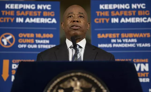 New York City Mayor Eric Adams speaks during a press conference at City Hall, Tuesday, Oct. 8, 2024, in New York. (AP Photo/Yuki Iwamura)