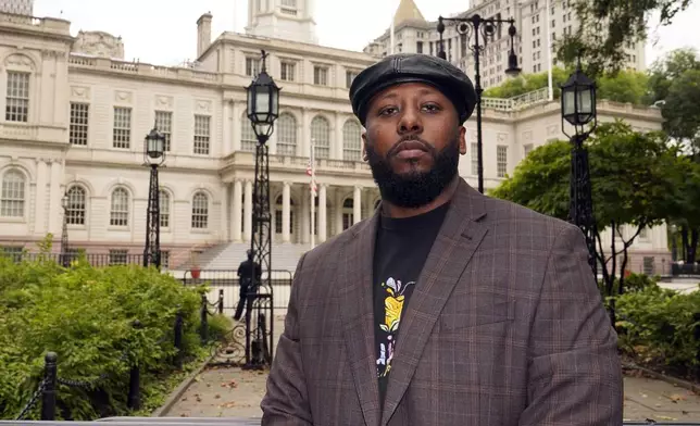 Shamel Kelly poses after a news conference in New York's City Hall Park, Tuesday, Oct. 1, 2024. (AP Photo/Richard Drew)