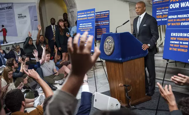 This photo provided by the New York Mayoral Photography Office shows New York City Mayor Eric Adams during his in-person media availability at City Hall, Tuesday, Oct. 1, 2024, in New York. (Ed Reed/New York Mayoral Photography Office via AP)