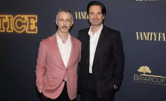 Jeremy Strong, left, and Sebastian Stan attend the premiere of "The Apprentice" at the DGA New York Theater on Tuesday, Oct. 8, 2024, in New York. (Photo by Charles Sykes/Invision/AP)