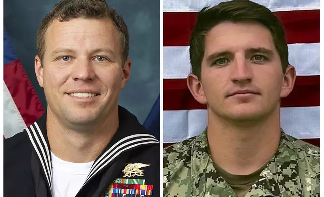 FILE - This combo image, provided by the Department of Defense, shows Navy Special Warfare Operator 1st Class Christopher J. Chambers, left, and Navy Special Warfare Operator 2nd Class Nathan Gage Ingram, right. Chambers and Ingram died while boarding an unflagged ship carrying illicit Iranian-made weapons to Yemen, Jan. 11, 2024, in the Arabian Sea. (Department of Defense via AP, File)