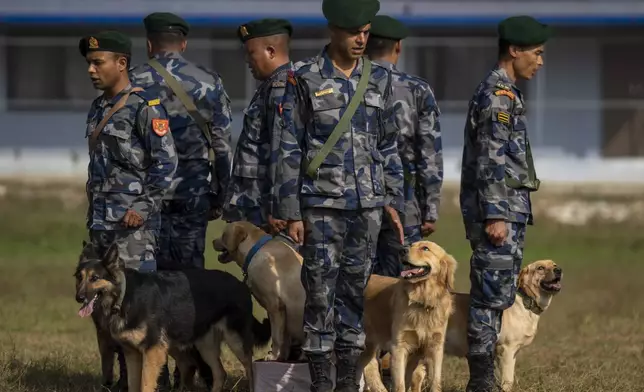 Nepal's Armed Police Force get ready with their dog to displays skills at their kennel division during Kukkur Tihar festival in Kathmandu, Nepal, Thursday, Oct. 31, 2024. Every year, dogs are worshiped to acknowledge their role in providing security during the second day of five days long Hindu festival Tihar. (AP Photo/Niranjan Shrestha)