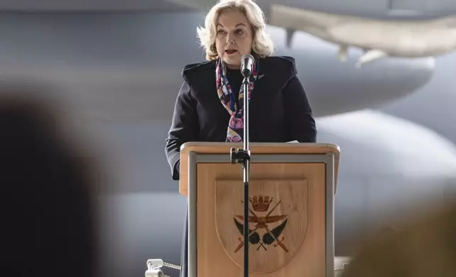 In this photo provided by New Zealand Defence Force, New Zealand's Defense Minister Judith Collins speaks at Auckland's Whenuapai Air Force Base, on Sept. 10, 2024. (LAC Jalesa Noman/New Zealand Defence Force via AP)