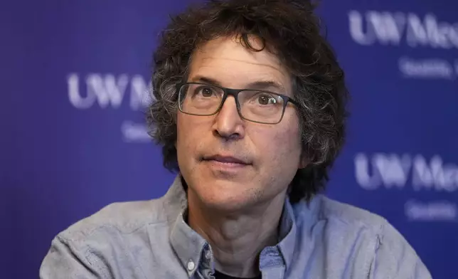 American biochemist David Baker, 2024 Nobel Prize winner in Chemistry, listens during a press conference at the University of Washington on Wednesday, Oct. 9, 2024, in Seattle. (AP Photo/Lindsey Wasson)