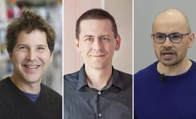 This combo of pictures show American biochemist David Baker, from left, American researcher John Jumper and Demis Hassabis, CEO of DeepMind Technologies, the AI division behind Gemini. (UW Medicine/Google DeepMind via AP/AP Photo/Jeff Chiu)