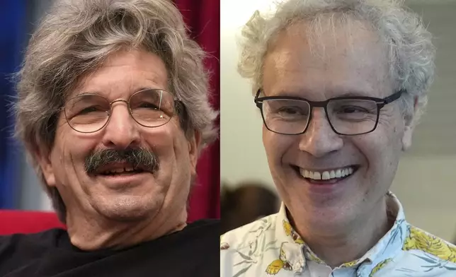 This photo combo shows 2024 Nobel Prize winners in physiology or medicine Gary Ruvkun, American molecular biologist, left, and Victor Ambros, professor of natural science at the University of Massachusetts Medical School, Monday, Oct. 7, 2024, in Newton, Mass. (AP Photo/Steven Senne)