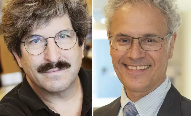 This combo of pictures released by Mass General and UMass show American molecular biologist Gary Ruvkun, left, and UMass Chair in Natural Sciences and professor of molecular medicine, Victor Ambros. (Joshua Touster and UMass via AP)