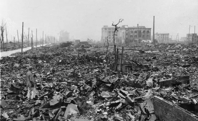 In this 1945 file photo, a view of the devastation after the atom bomb was dropped, in Hiroshima, Japan. The Nobel Peace Prize has been awarded to Nihon Hidankyo, a Japanese organization of survivors of the U.S. atomic bombings of Hiroshima and Nagasaki, for its activism against nuclear weapons. (AP Photo, File)