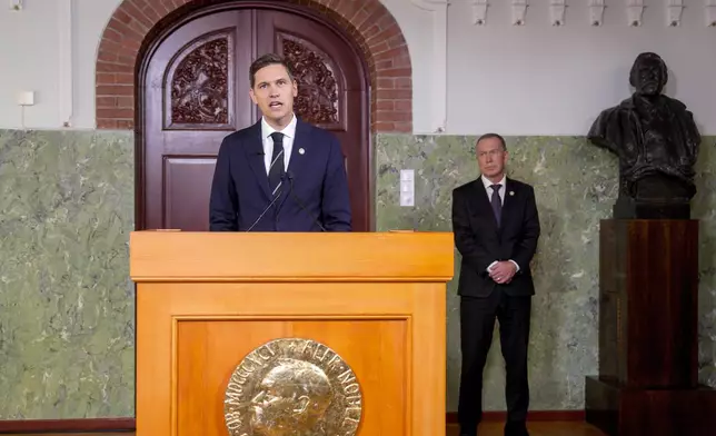 The head of the Nobel Committee, Jorgen Watne Frydnes, announces at a press conference that the Japanese organization Nihon Hidankyo is the winner of the Nobel Peace Prize for 2024 at the Nobel Institute in Oslo, Norway, Friday, Oct. 11, 2024. (Javad Parsa/NTB Scanpix via AP)