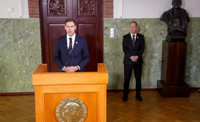 The head of the Nobel Committee, Jorgen Watne Frydnes, announces at a press conference that the Japanese organization Nihon Hidankyo is the winner of the Nobel Peace Prize for 2024 at the Nobel Institute in Oslo, Norway, Friday, Oct. 11, 2024. (Javad Parsa/NTB Scanpix via AP)