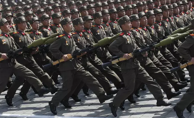 FILE - North Korean soldiers march during a mass military parade in Pyongyang's Kim Il Sung Square to celebrate 100 years since the birth of North Korean founder, Kim Il Sung on April 15, 2012. (AP Photo/Ng Han Guan, File)