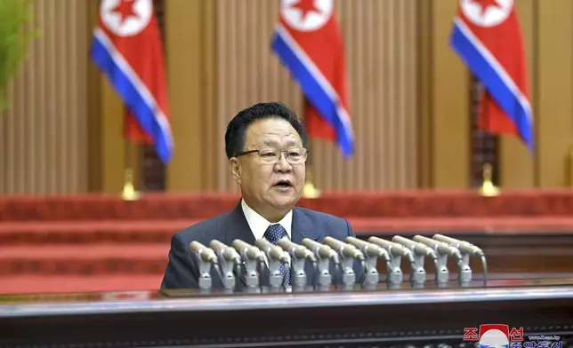 In this photo provided Wednesday, Oct. 9, 2024, by the North Korean government, Choe Ryong Hae, the chairman of the Assembly’s Standing Committee, speaks during the Supreme People’s Assembly in Pyongyang, North Korea. Independent journalists were not given access to cover the event depicted in this image distributed by the North Korean government. The content of this image is as provided and cannot be independently verified. Korean language watermark on image as provided by source reads: "KCNA" which is the abbreviation for Korean Central News Agency. (Korean Central News Agency/Korea News Service via AP)