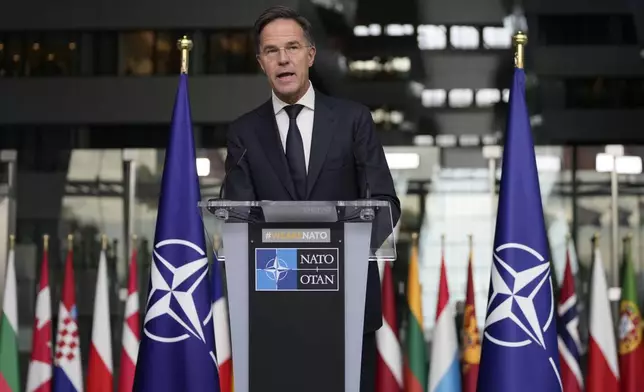 FILE - NATO Secretary General Mark Rutte delivers a statement, after a meeting with a high level South Korean delegation including top intelligence and military officials as well as senior diplomats briefed NATO diplomats, at NATO headquarters in Brussels on Oct. 28, 2024. (AP Photo/Virginia Mayo, File)