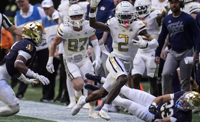 Georgia Tech wide receiver Eric Singleton Jr. (2) runs against Notre Dame during the first half of an NCAA college football game, Saturday, Oct. 19, 2024, in Atlanta. (AP Photo/Mike Stewart)