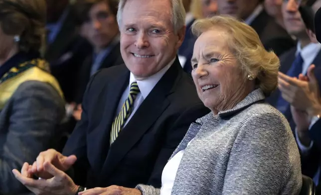 FILE - Navy Secretary Ray Mabus smiles with Ethel Kennedy, widow of Sen. Robert F. Kennedy, at the naming of the Robert F. Kennedy Navy Ship at the John F. Kennedy Presidential Library, Tuesday, Sept. 20, 2016, in Boston. Ships in this class are being named in honor of civil and human rights heroes. (AP Photo/Elise Amendola, File)