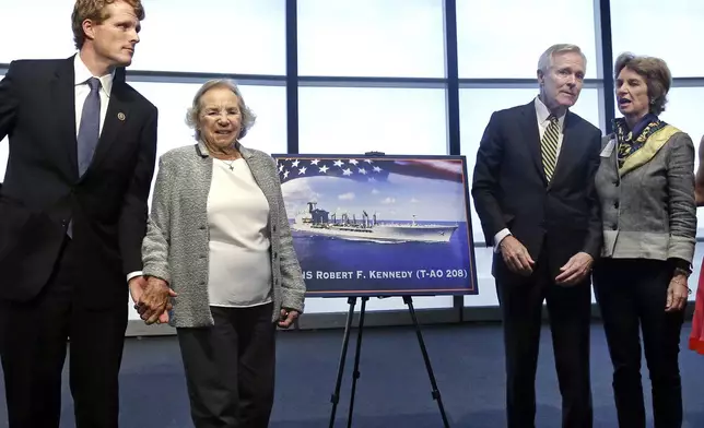 FILE - Ethel Kennedy holds hands with grandson Joseph P. Kennedy III, left, while Navy Secretary Ray Mabus chats with her daughter Kathleen Kennedy Townsend, as they pose near a rendering of the Robert F. Kennedy Navy Ship named at the John F. Kennedy Presidential Library, Tuesday, Sept. 20, 2016, in Boston. (AP Photo/Elise Amendola, File)