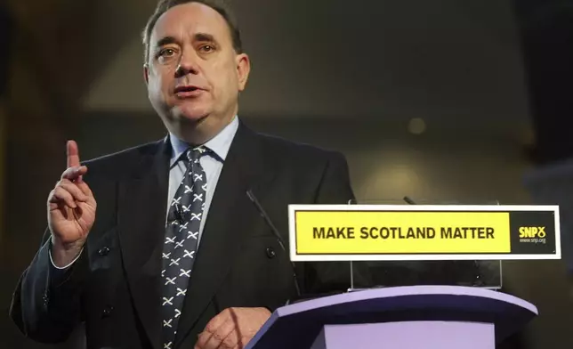 File photo dated 14/04/05 of FILE - Alex Salmond, leader of the Scottish National Party is photographed on April 14, 2005. (Maurice McDonald/PA via AP)