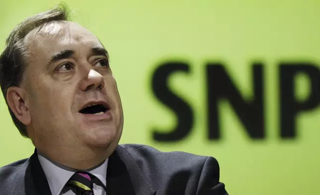 File photo dated 18/03/07 of FILE - Alex Salmond addresses the Scottish National Party (SNP) conference at Glasgow Science Centre on March 18, 2007. (Danny Lawson/PA via AP)