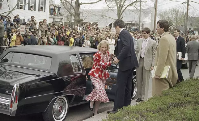 FILE - Mrs. Ethel Kennedy, widow of former Sen. Robert F. Kennedy at the wedding of Maria Shriver Schwarzenegger at St. Francis Xavier church on April 26, 1986, in Hyannis, Mass. (AP Photo, File)