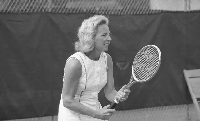 FILE - Ethel Kennedy, widow of the late Sen. Robert F. Kennedy, is shown at the Robert Kennedy Tennis Tournament in Forest Hills, N.Y., on Aug. 24, 1974. (AP Photo/Suzanne Vlamis, File)