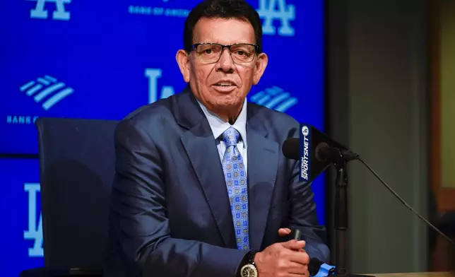 FILE - Former Los Angeles Dodgers pitcher Fernando Valenzuela speaks during a news conference ahead of his jersey retirement ceremony at a baseball game between the Dodgers and the Colorado Rockies, Aug. 11, 2023, in Los Angeles. Fernando Valenzuela, the Mexican-born phenom for the Los Angeles Dodgers who inspired “Fernandomania” while winning the NL Cy Young Award and Rookie of the Year in 1981, has died Tuesday, Oct. 22, 2024. (AP Photo/Ryan Sun, File)