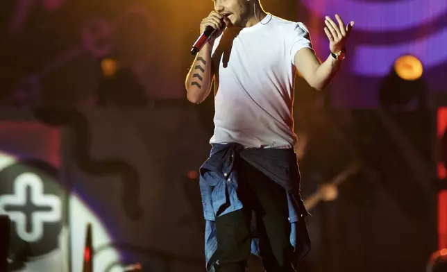 FILE - Liam Payne of One Direction (1D) performs in concert at MetLife stadium Wednesday, Aug. 5, 2015, in East Rutherford, N.J. (Photo by Robert Altman/Invision/AP, File)