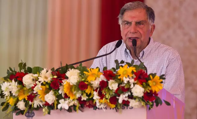 FILE - Tata Trusts Chairman Ratan Tata speaks during the foundation stone laying ceremony of a cancer care hospital in Gauhati, India, June 18, 2018. (AP Photo/Anupam Nath, File)